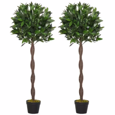 Lauriers artificiels topiaires 1,2H m – lot de 2 lauriers boules – 741 feuilles réalistes par pied – tronc liane – pot inclus