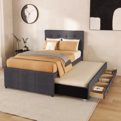 Lit Polster 90x200cm, Lit Familial, Tiroirs, Lit Escamotable, Tête Réglable, Gris
