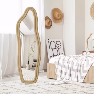 Miroir en forme de dauphin 160×50 cm, Cadre en tissu velours, Grand miroir sur pied, miroir trempé HD, Jaune