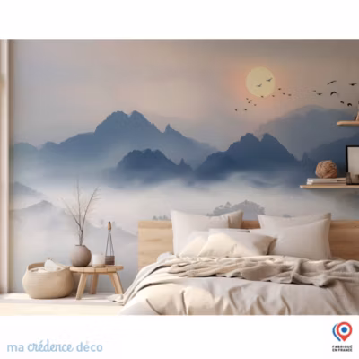 Papier peint Montagne, soleil et oiseaux – Intissé – 200 cm – 280 cm – MaCrédenceDéco