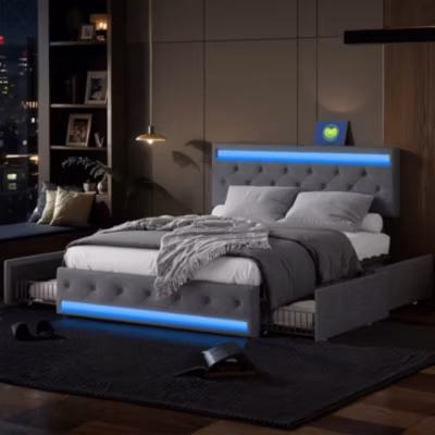 Lit rembourré 180×200 cm, LED, 4 tiroirs, USB, coffre en lin, sommier bois -Gris