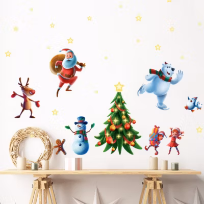 Sticker Noël le père noël et ses amis – Autocollants stickers adhésifs noël – décoration fêtes – 110x165cm